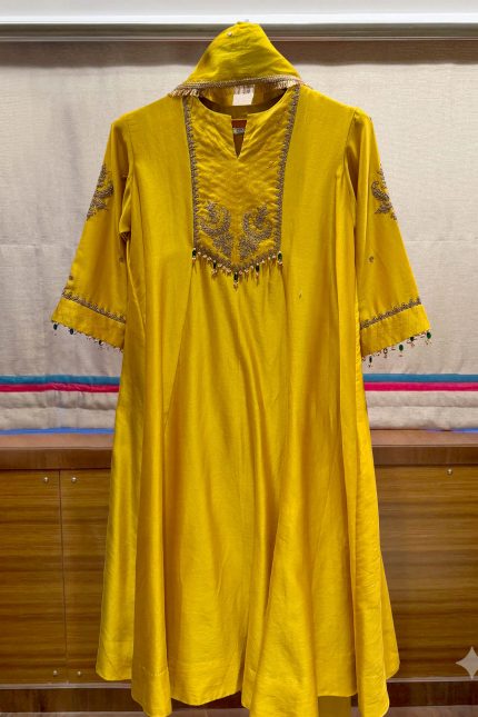 Yellow Embroidered Yoke A-line Kurta Set
