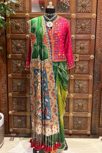 Green Shaded Bandhani with Kalamkari Pallu Embroidered Saree