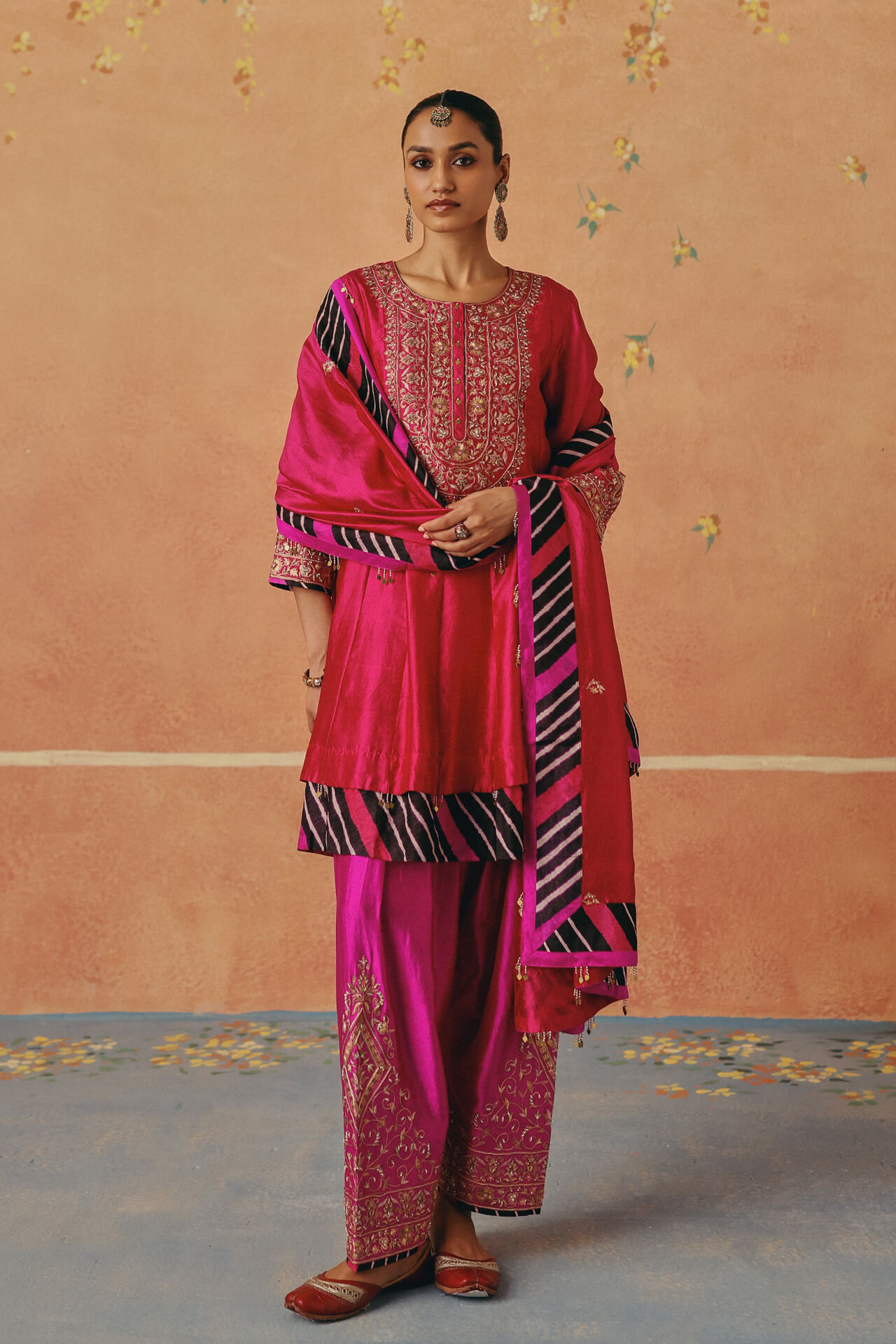 BWS00018-PC-LS-042_01 Red and Rani Leheriya Layered Farshi Salwar Set - Image 1