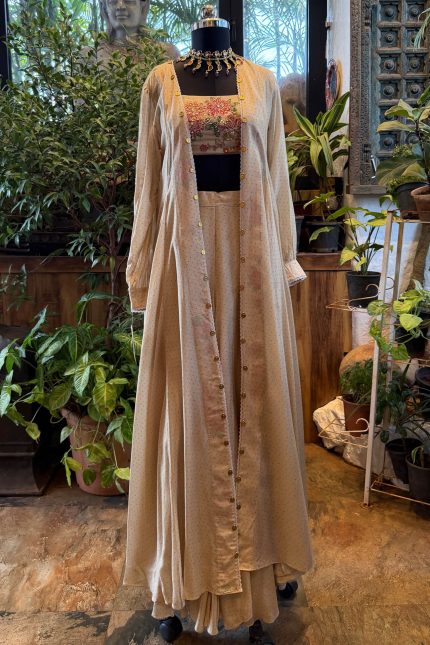 Ivory Floral Embroidered Bustier with Flared palazzos & Long  jacket