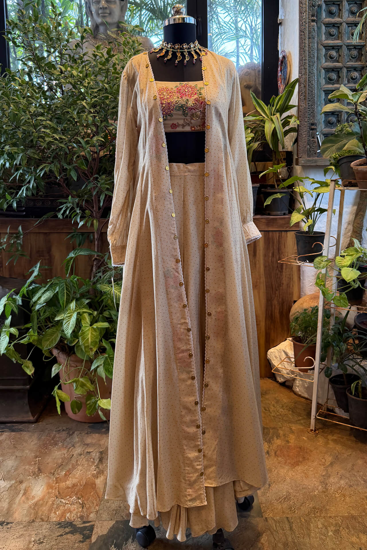 ph Ivory Floral Embroidered Bustier with Flared palazzos & Long jacket - Image 1